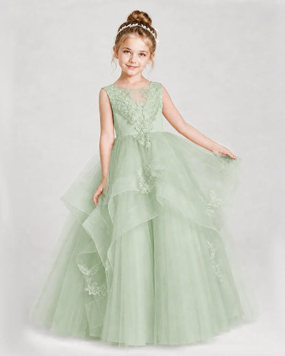 Dideyttawl Embroidered Tiered Tulle Girl Pageant Dress with Bow