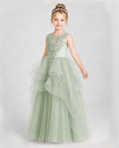 Dideyttawl Embroidered Tiered Tulle Girl Pageant Dress with Bow