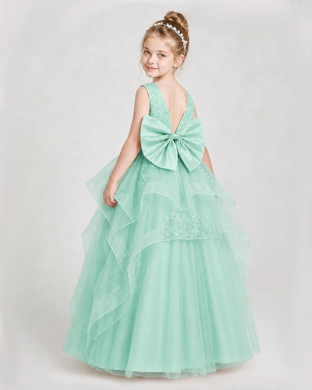 Dideyttawl Embroidered Tiered Tulle Girl Pageant Dress with Bow