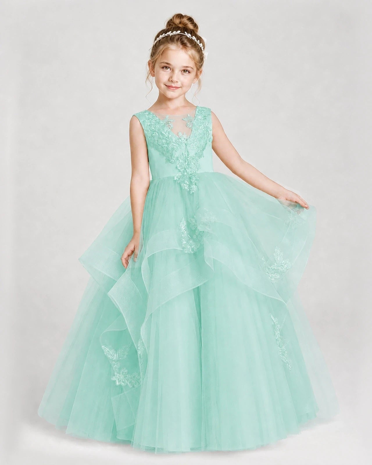 Dideyttawl Embroidered Tiered Tulle Girl Pageant Dress with Bow