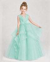Turquoise satin and tulle tiered ball gown girls pageant dress, front view