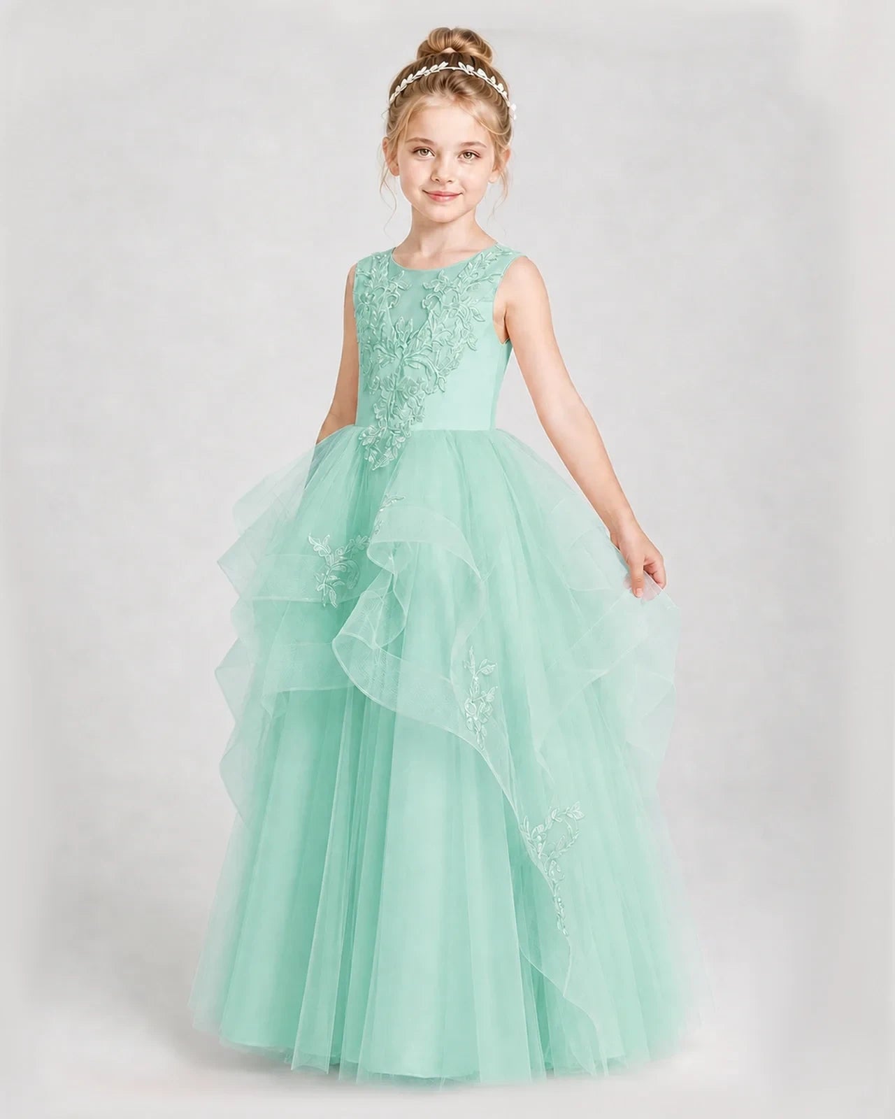 Dideyttawl Embroidered Tiered Tulle Girl Pageant Dress with Bow