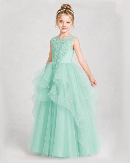 Dideyttawl Embroidered Tiered Tulle Girl Pageant Dress with Bow