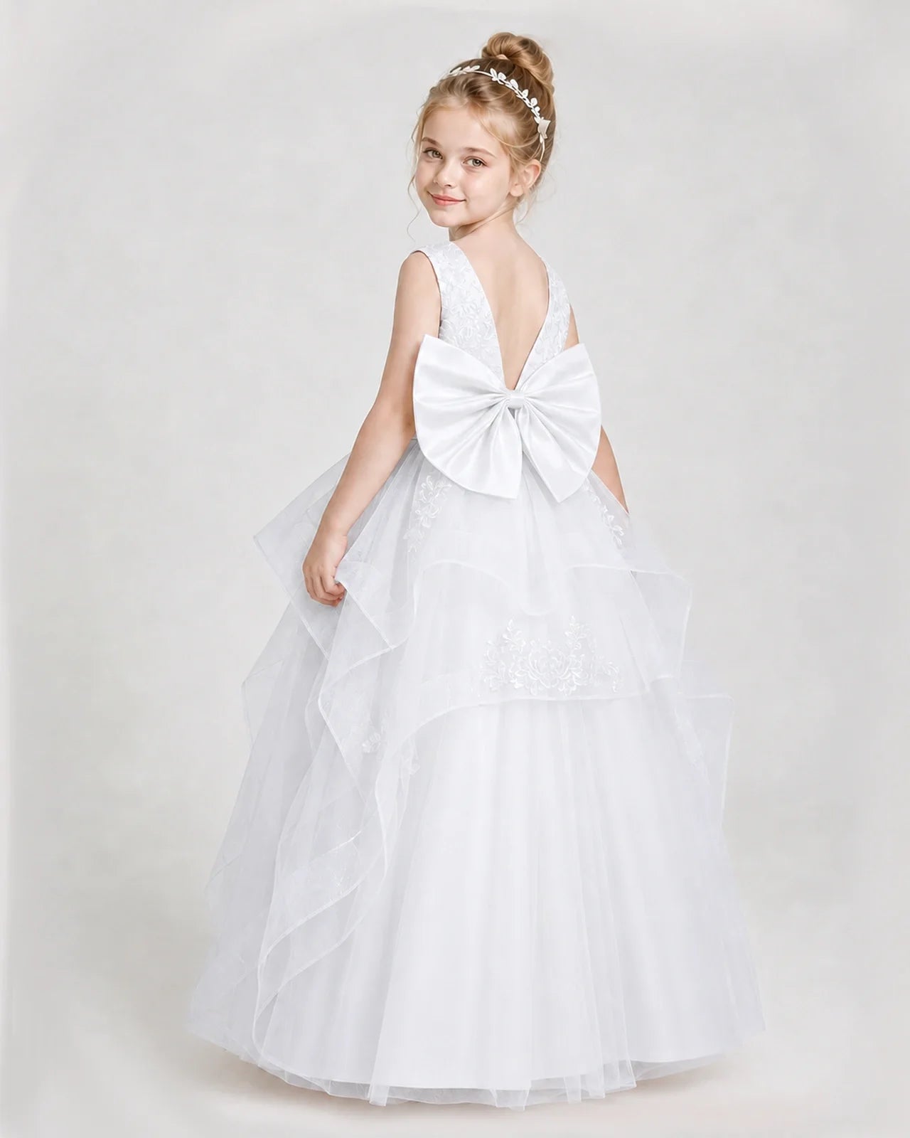 Dideyttawl Embroidered Tiered Tulle Girl Pageant Dress with Bow
