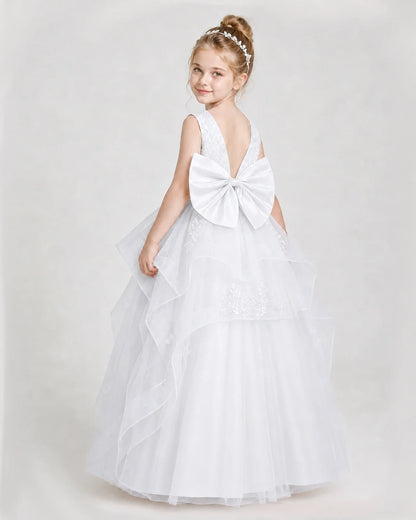 Dideyttawl Embroidered Tiered Tulle Girl Pageant Dress with Bow