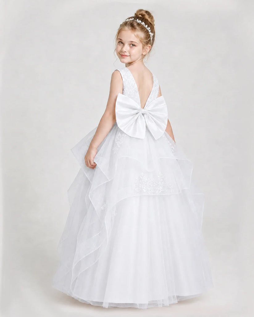 White Satin and Tulle V-Back Bow Girls Pageant Dresses Back View