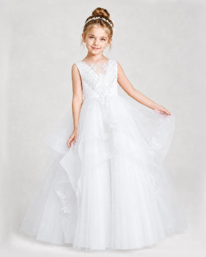 Dideyttawl Embroidered Tiered Tulle Girl Pageant Dress with Bow