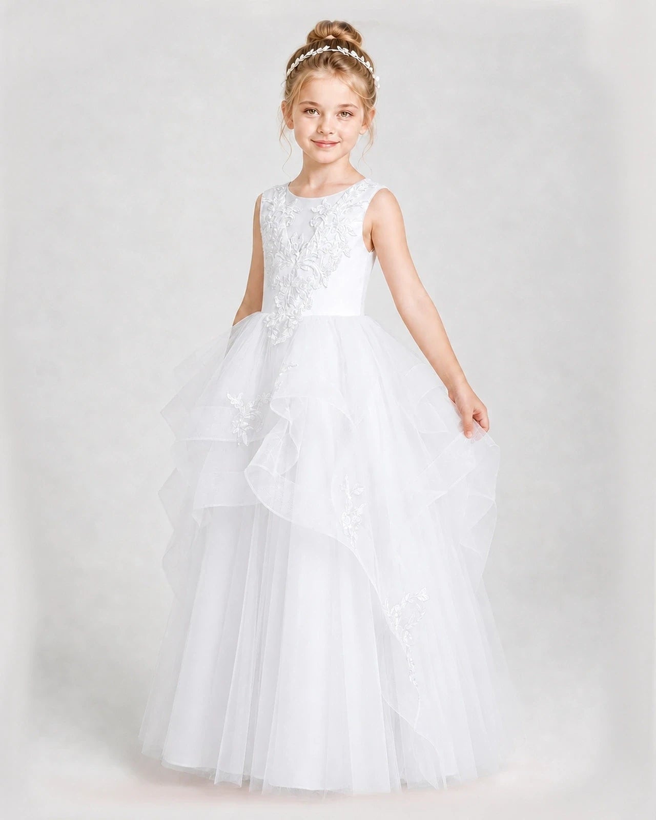 Dideyttawl Embroidered Tiered Tulle Girl Pageant Dress with Bow