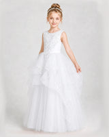 White Satin and Tulle Ruffled Girls Pageant Dresses Side View