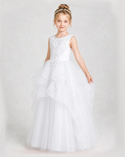 Dideyttawl Embroidered Tiered Tulle Girl Pageant Dress with Bow