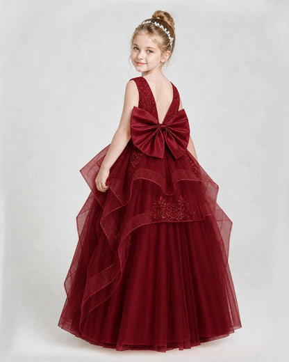 Dideyttawl Embroidered Tiered Tulle Girl Pageant Dress with Bow