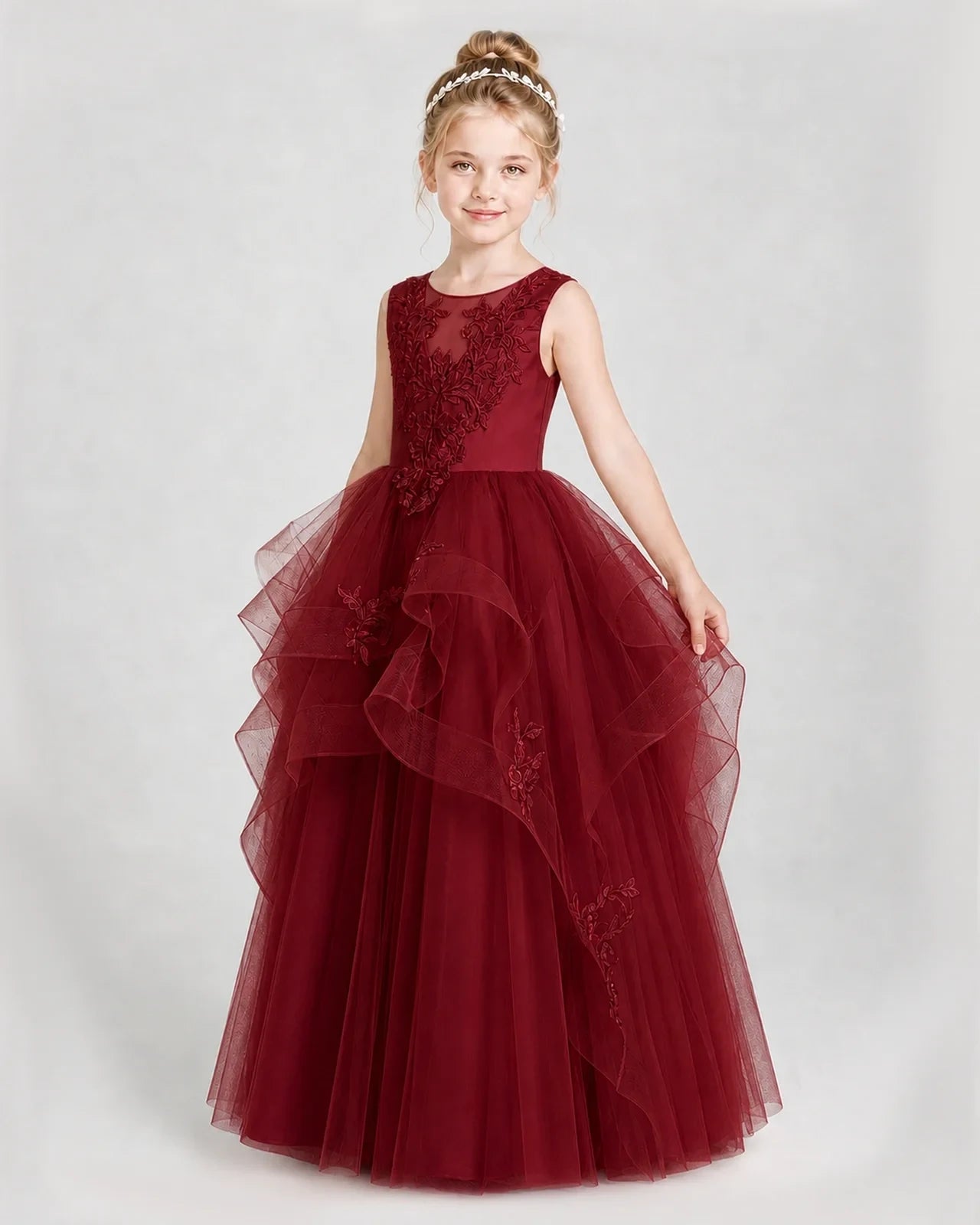 Dideyttawl Embroidered Tiered Tulle Girl Pageant Dress with Bow