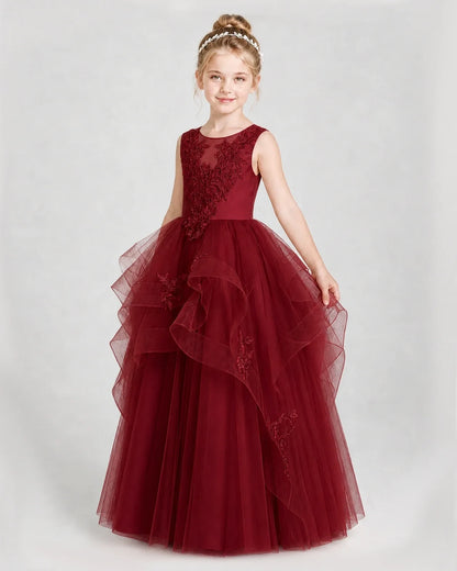 Dideyttawl Embroidered Tiered Tulle Girl Pageant Dress with Bow
