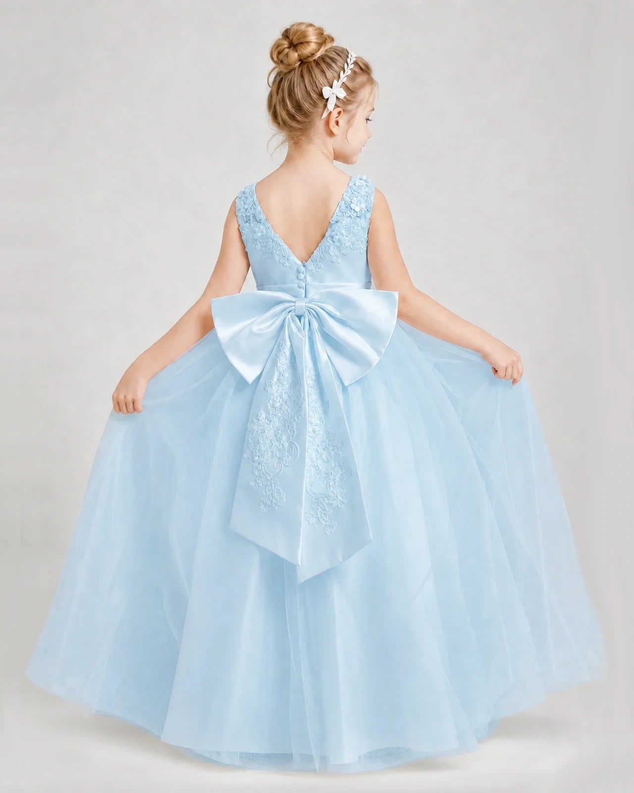 Dideyttawl Embroidered Satin Tulle Girl Formal Dress with Bow
