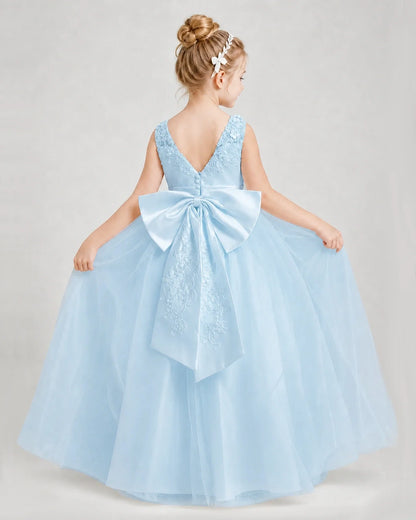 Dideyttawl Embroidered Satin Tulle Girl Formal Dress with Bow