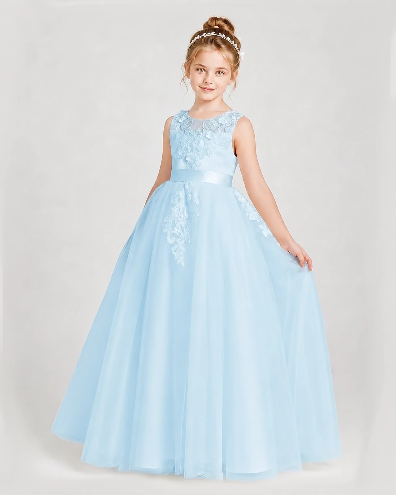 Dideyttawl Embroidered Satin Tulle Girl Formal Dress with Bow