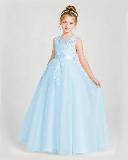 Dideyttawl Embroidered Satin Tulle Girl Formal Dress with Bow