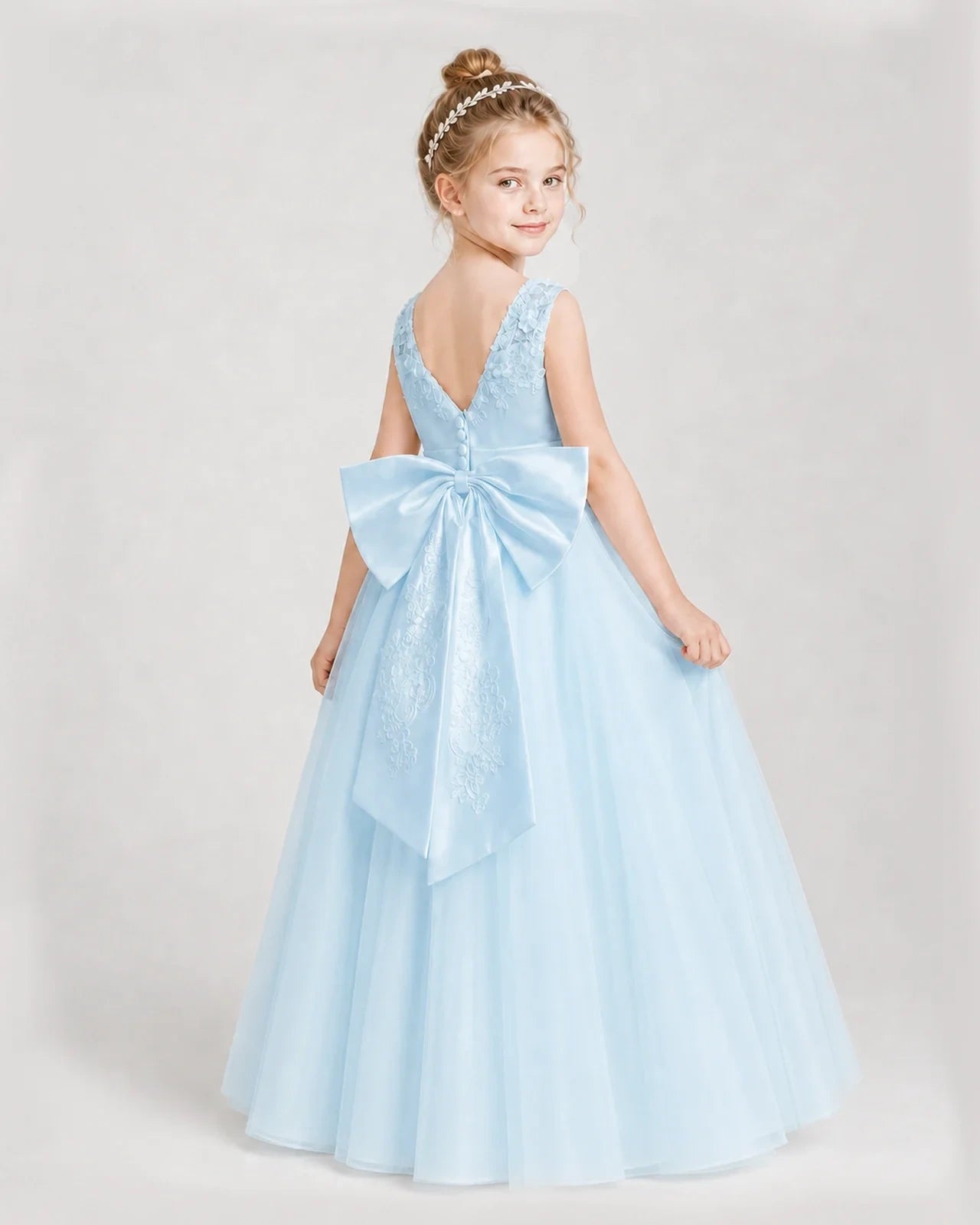 Dideyttawl Embroidered Satin Tulle Girl Formal Dress with Bow