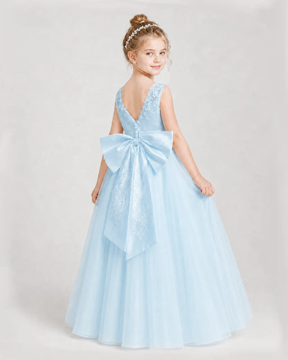 Dideyttawl Embroidered Satin Tulle Girl Formal Dress with Bow