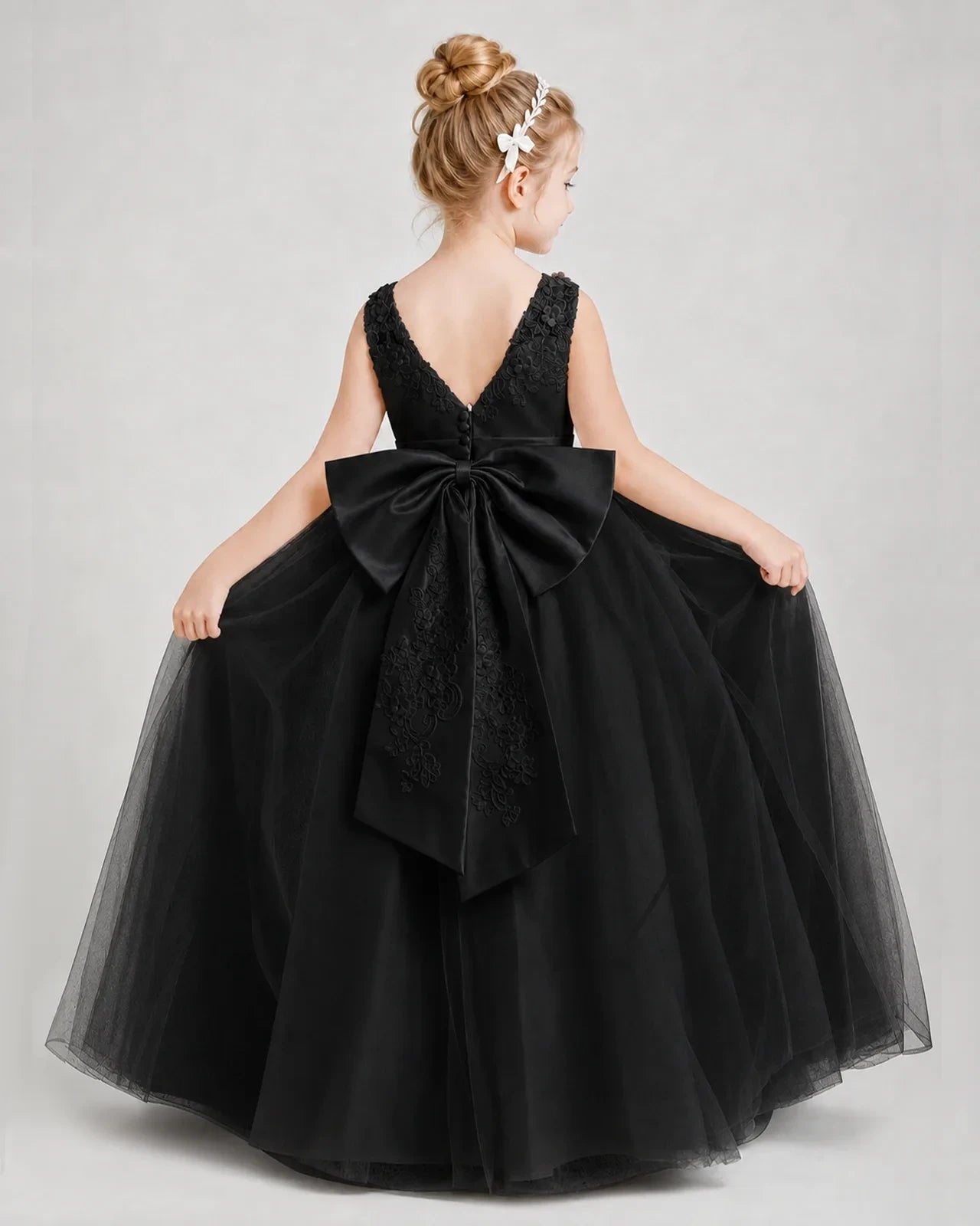 Dideyttawl Embroidered Satin Tulle Girl Formal Dress with Bow