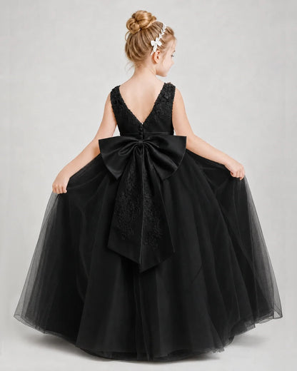 Dideyttawl Embroidered Satin Tulle Girl Formal Dress with Bow