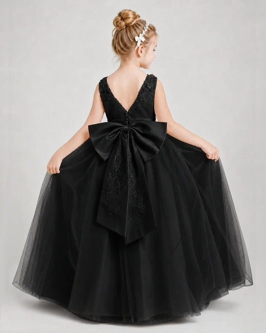 Black Satin and Tulle A-Line Girls Formal Dresses Back View