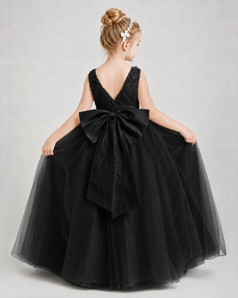 Black Satin and Tulle A-Line Girls Formal Dresses Back View