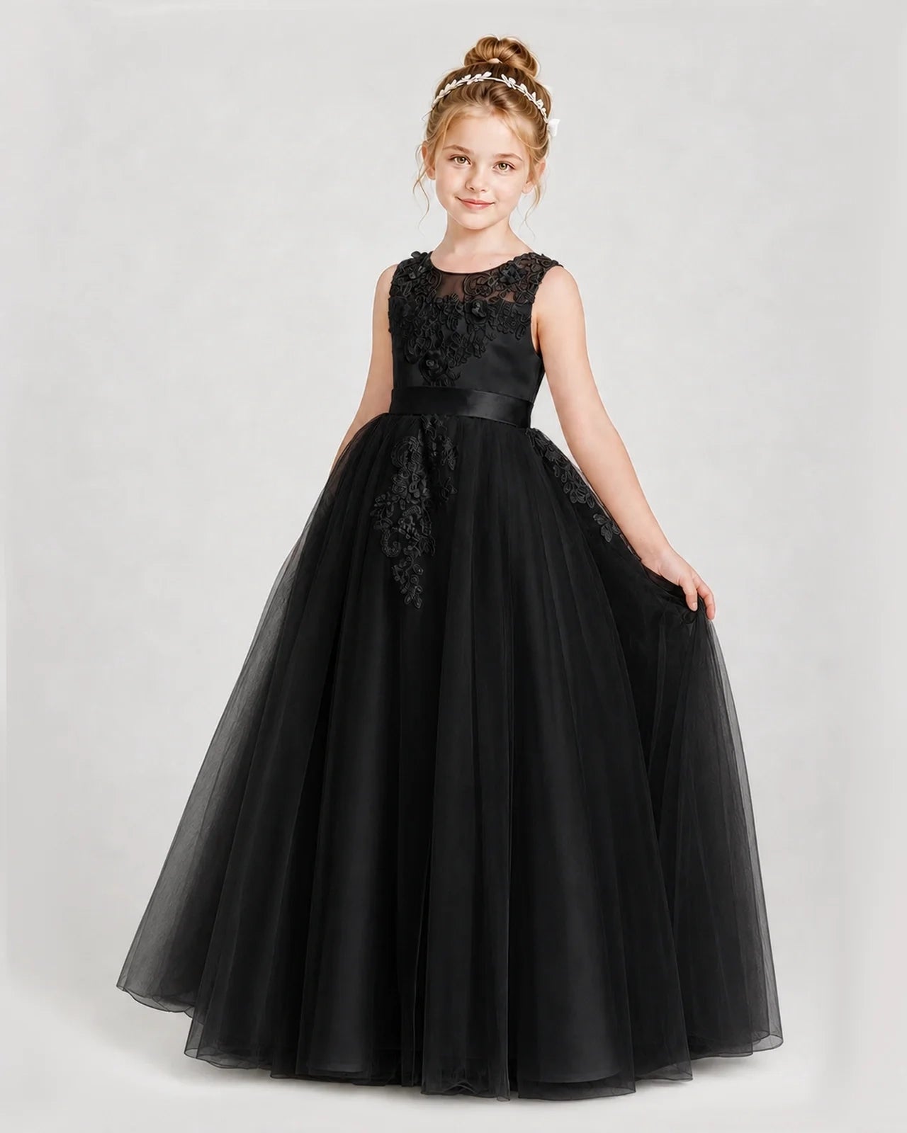 Dideyttawl Embroidered Satin Tulle Girl Formal Dress with Bow