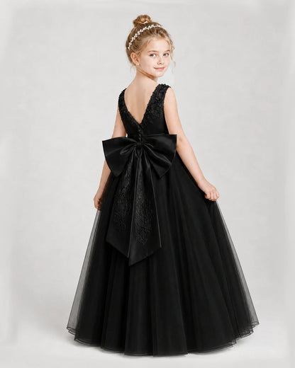 Dideyttawl Embroidered Satin Tulle Girl Formal Dress with Bow