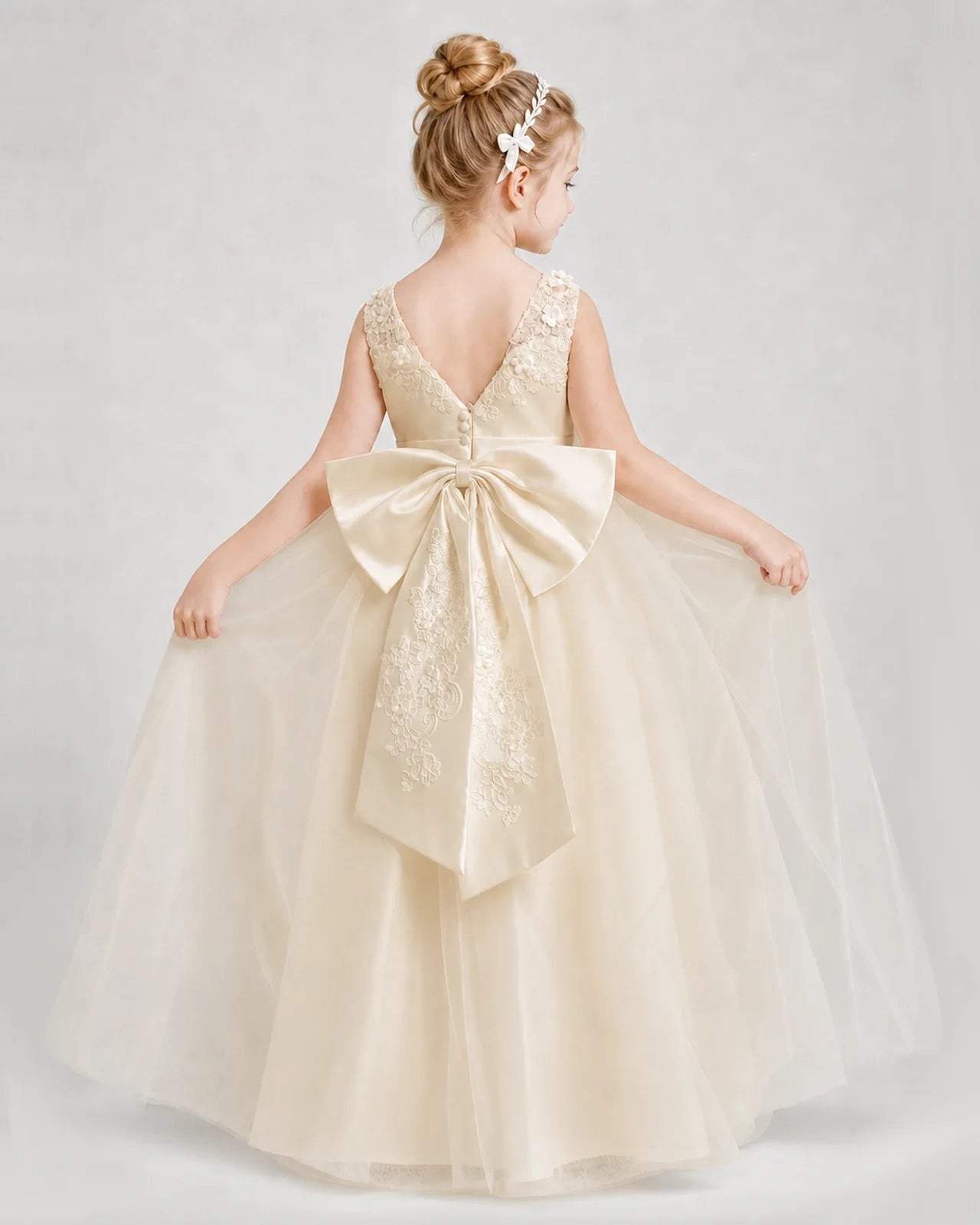 Dideyttawl Embroidered Satin Tulle Girl Formal Dress with Bow