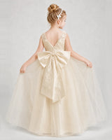 Champagne Satin Tulle Ball Gown Girls Formal Dresses Back View