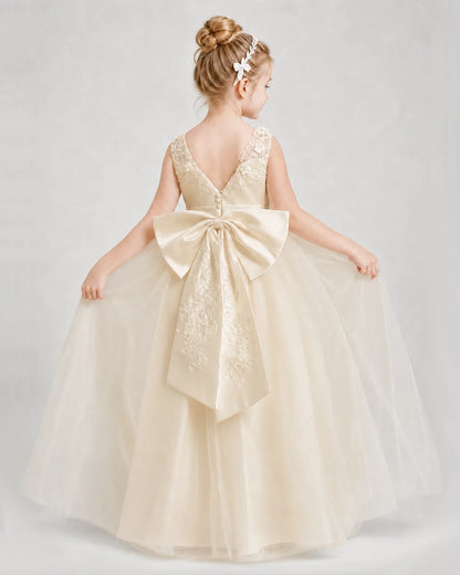 Dideyttawl Embroidered Satin Tulle Girl Formal Dress with Bow