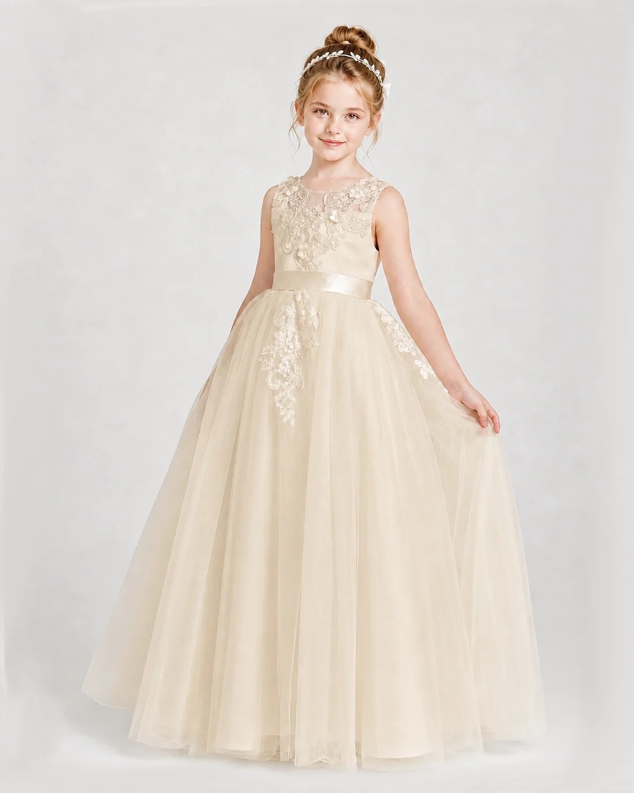 Dideyttawl Embroidered Satin Tulle Girl Formal Dress with Bow