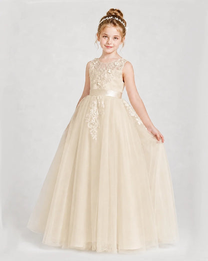 Dideyttawl Embroidered Satin Tulle Girl Formal Dress with Bow