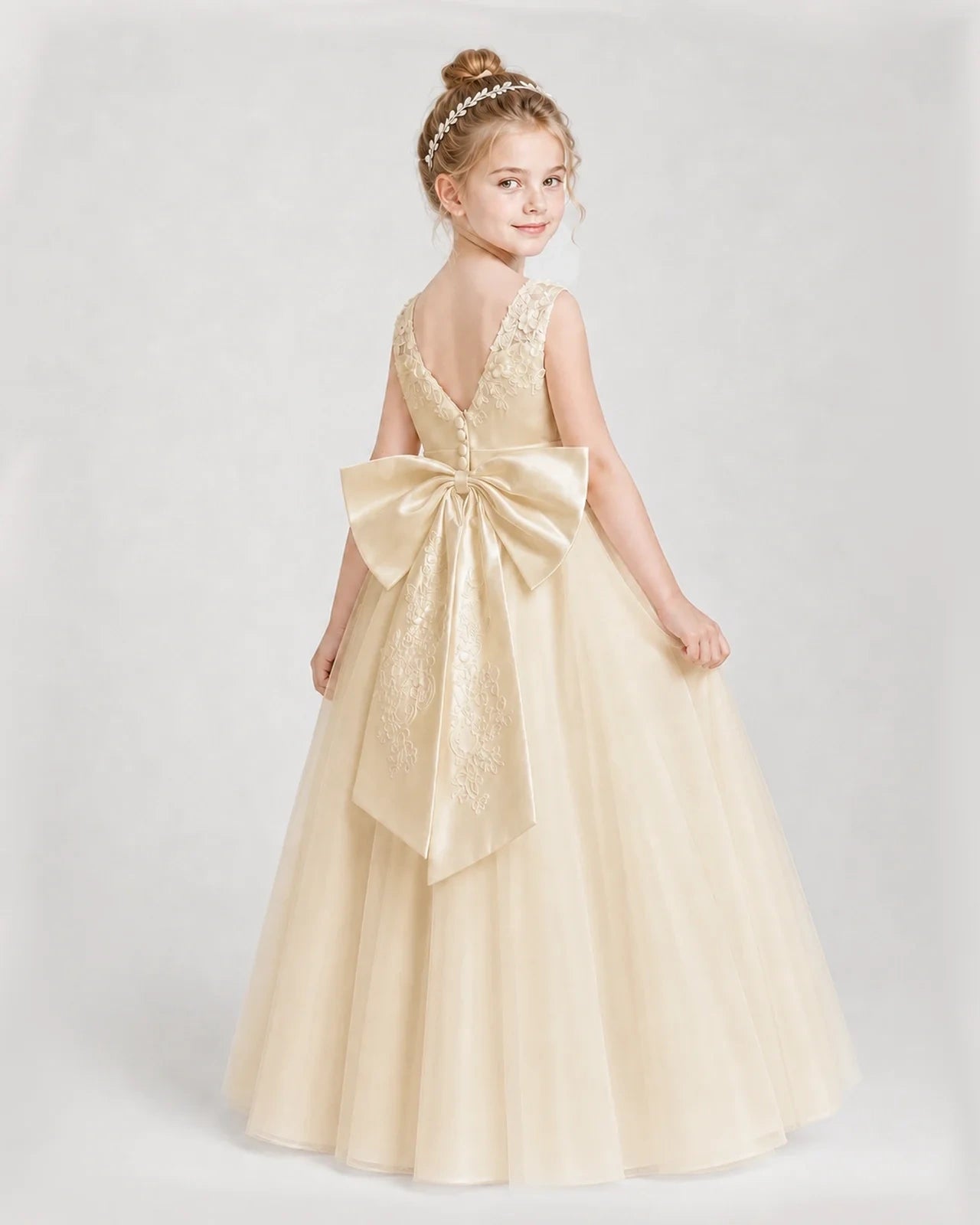 Dideyttawl Embroidered Satin Tulle Girl Formal Dress with Bow