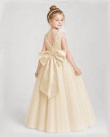 Champagne Satin and Tulle V-Neck Ball Gown Girls Formal Dress Side View