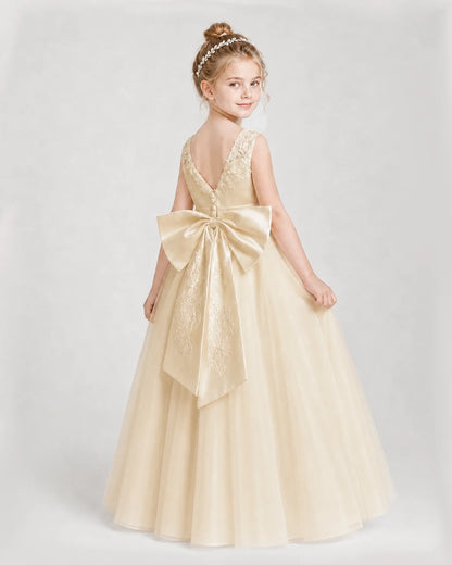 Dideyttawl Embroidered Satin Tulle Girl Formal Dress with Bow