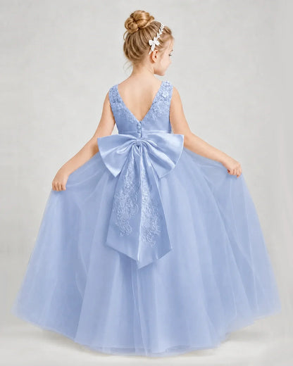 Dideyttawl Embroidered Satin Tulle Girl Formal Dress with Bow