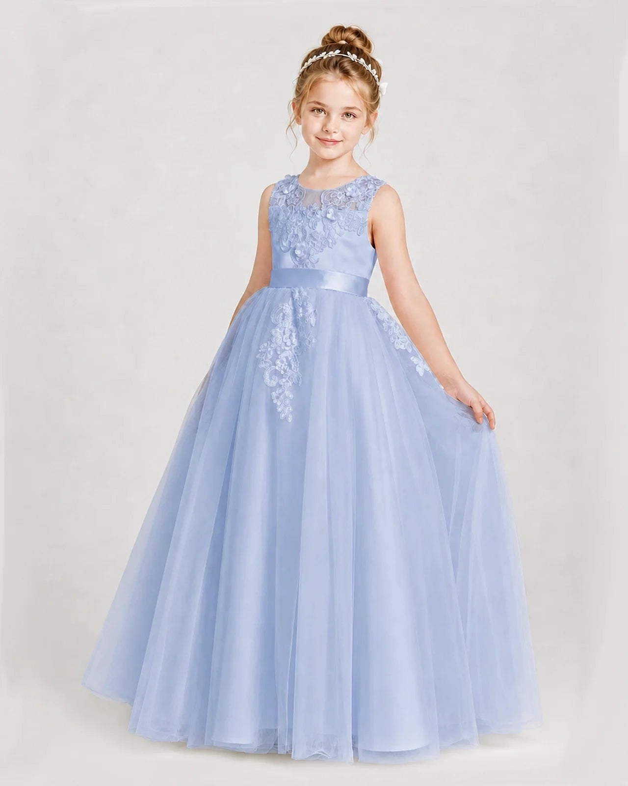 Dideyttawl Embroidered Satin Tulle Girl Formal Dress with Bow