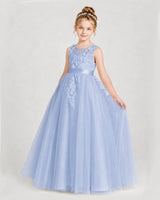 Dusty Blue Satin and Tulle Applique A-Line Girls Formal Dresses Front View