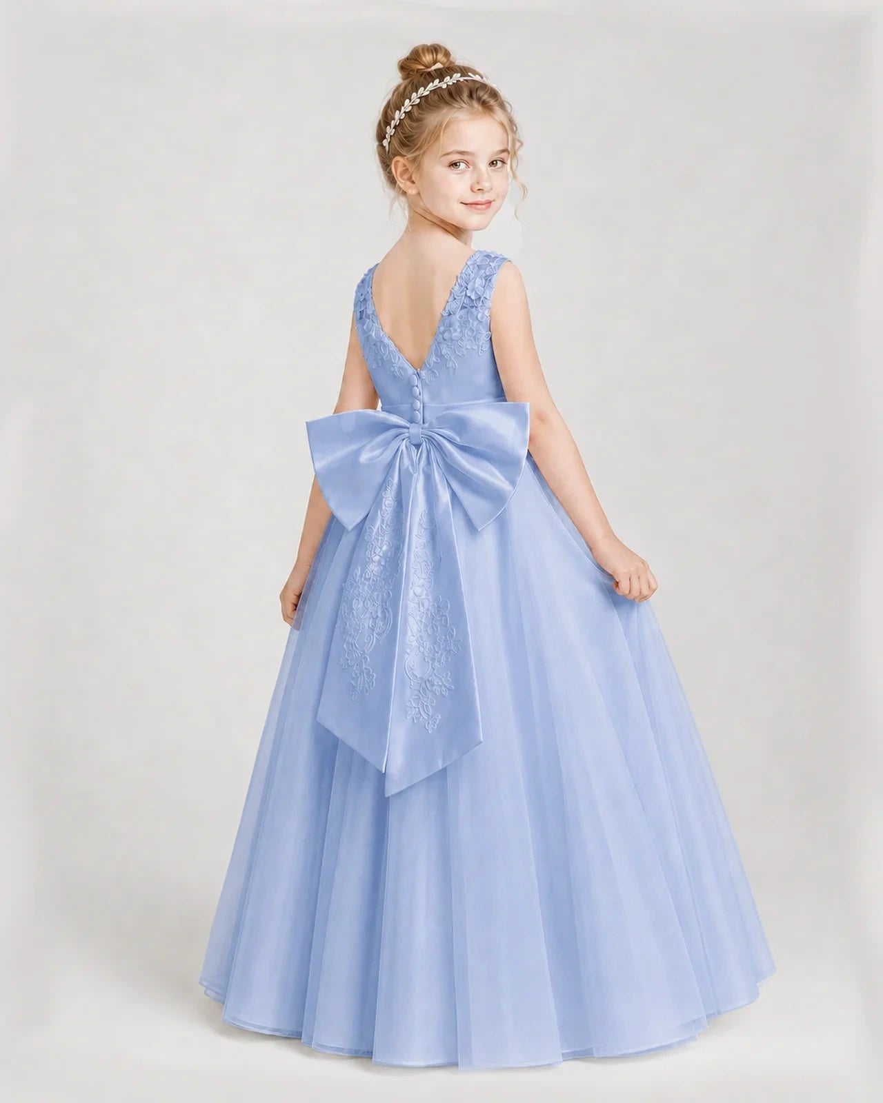 Dideyttawl Embroidered Satin Tulle Girl Formal Dress with Bow