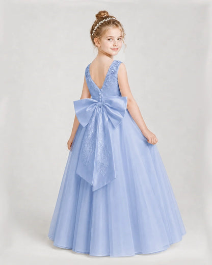 Dideyttawl Embroidered Satin Tulle Girl Formal Dress with Bow