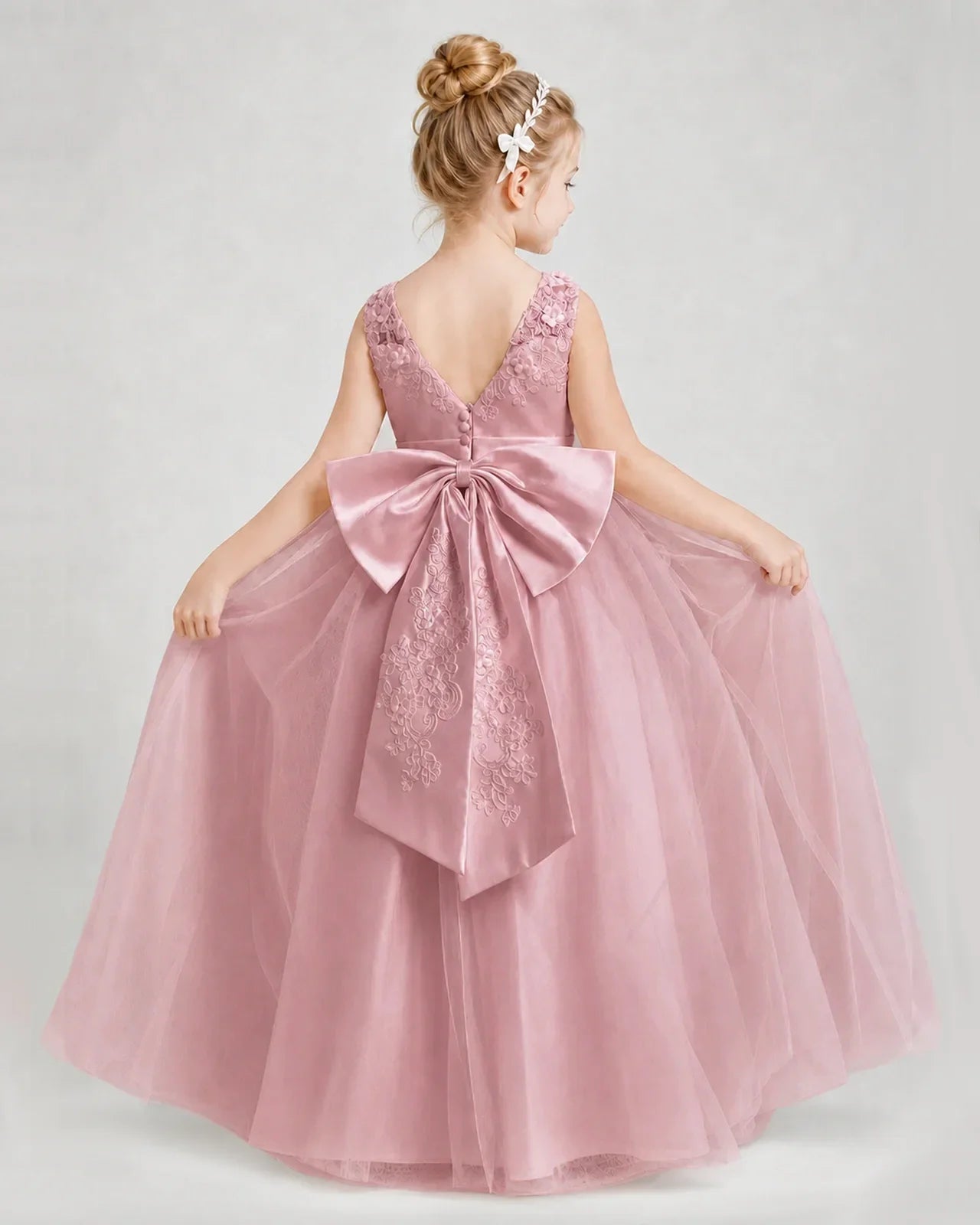 Dideyttawl Embroidered Satin Tulle Girl Formal Dress with Bow
