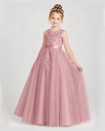 Dideyttawl Embroidered Satin Tulle Girl Formal Dress with Bow