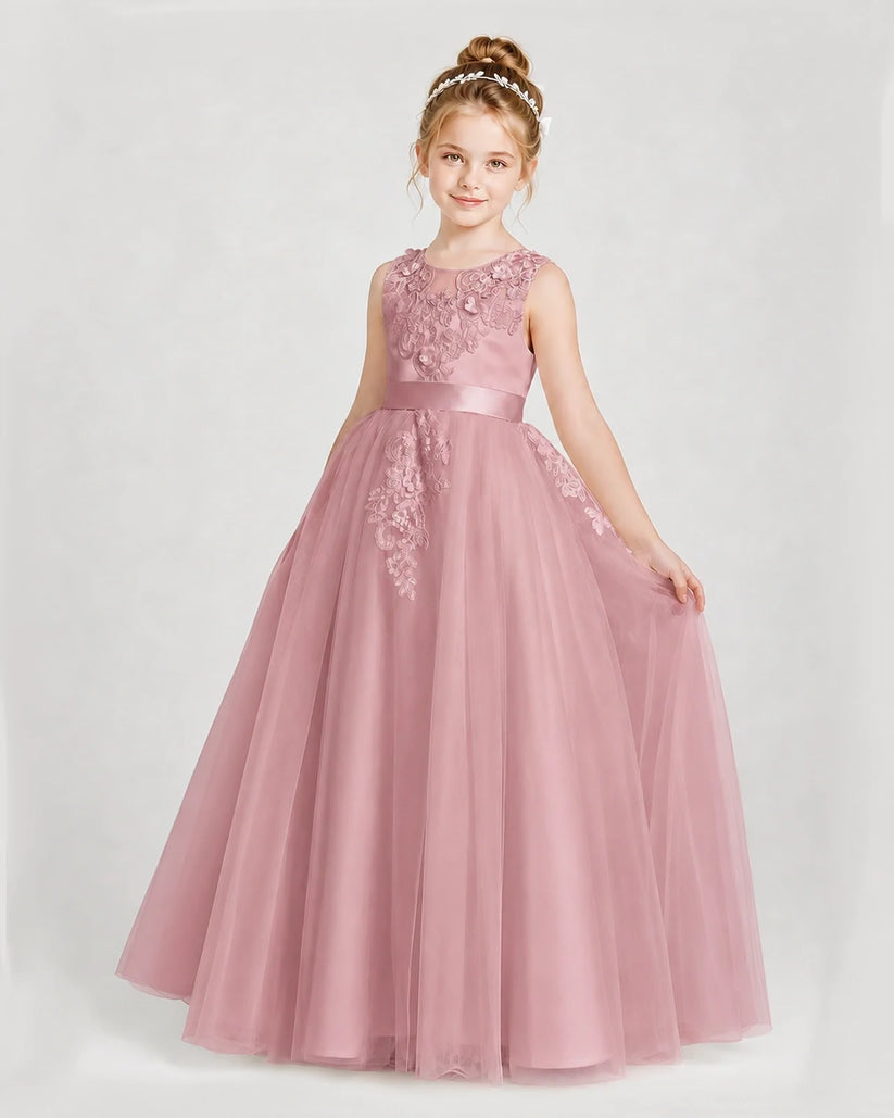 Dusty Rose Satin Tulle A-Line Girls Formal Dresses Front View