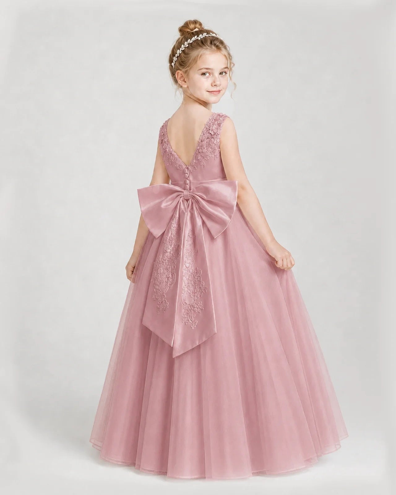 Dideyttawl Embroidered Satin Tulle Girl Formal Dress with Bow