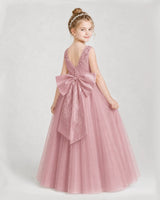 Dusty Rose Satin and Tulle V-Neck Ball Gown Girls Formal Dresses Side View