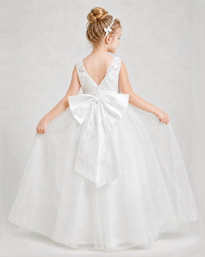 Dideyttawl Embroidered Satin Tulle Girl Formal Dress with Bow