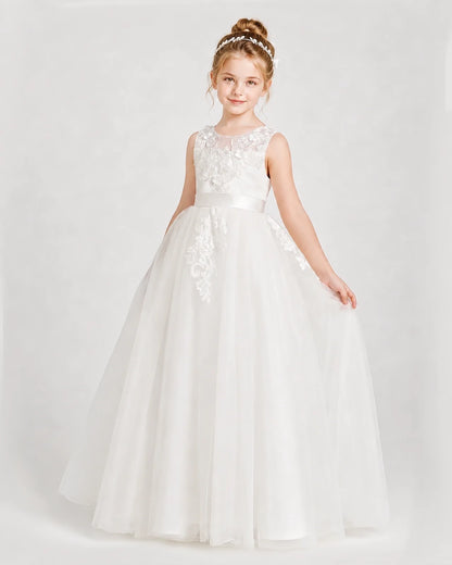 Dideyttawl Embroidered Satin Tulle Girl Formal Dress with Bow