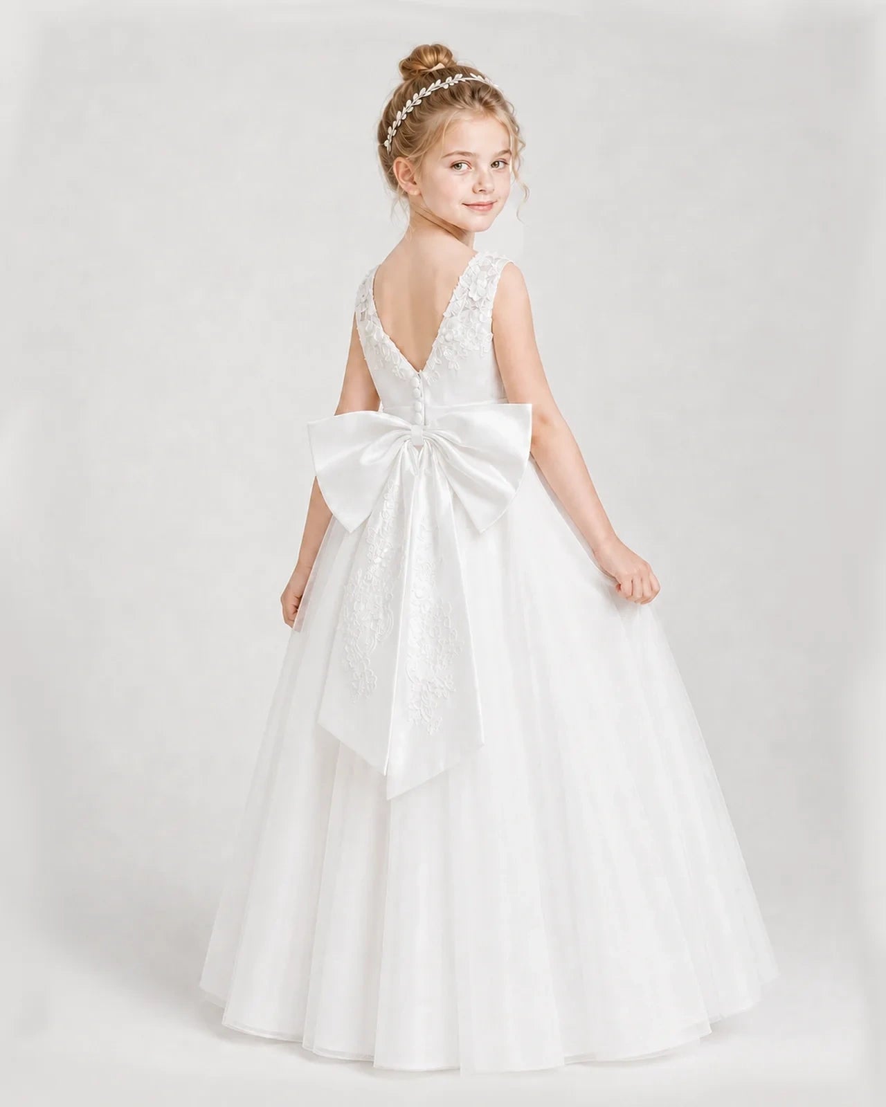 Dideyttawl Embroidered Satin Tulle Girl Formal Dress with Bow